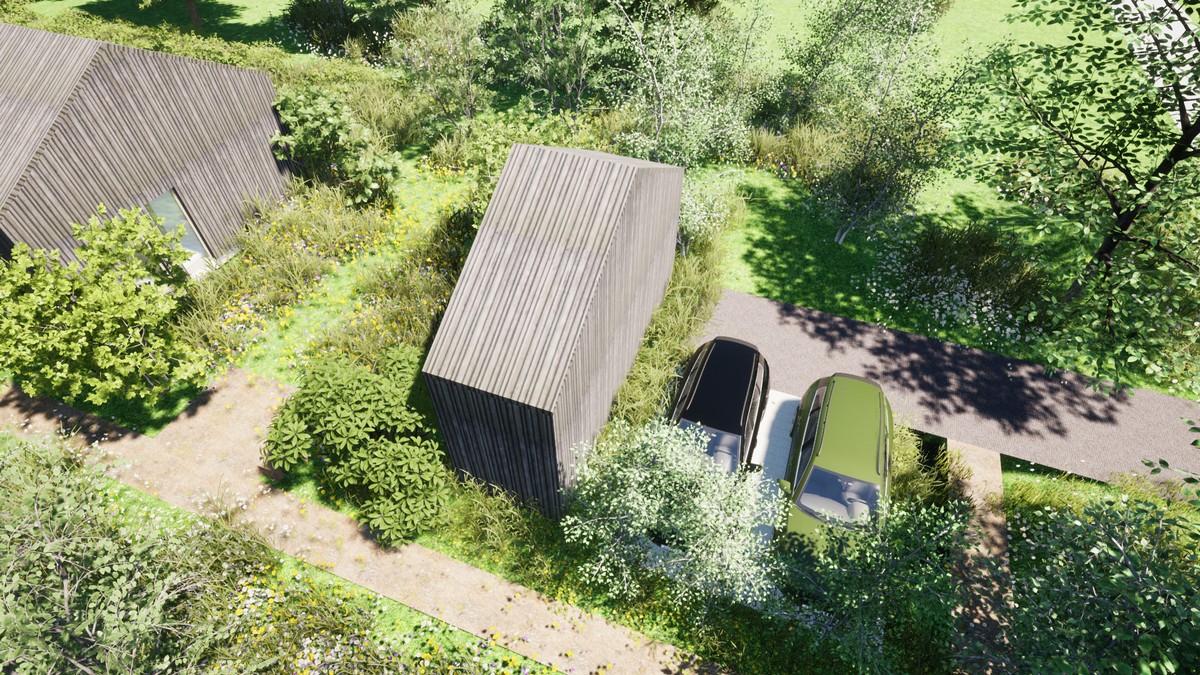 Groene parking met duurzame materialen in bostuin - atelier b2