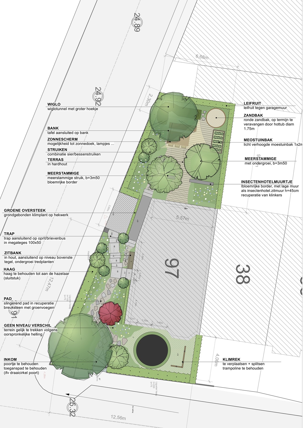 Ontwerpplan voor een stadstuin in Leuven met speels klimaat voor kleine avonturiers - atelier b2