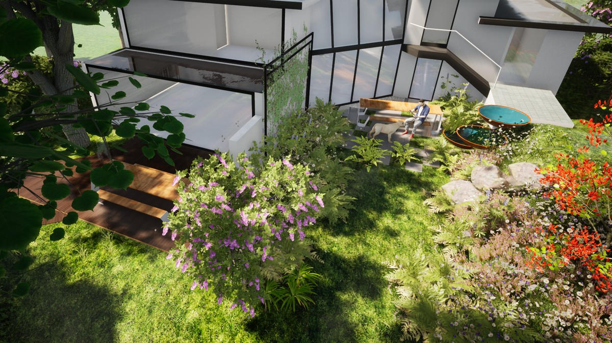 Terras met biodiverse groenvoegen en klaterende waterschalen - atelier b2