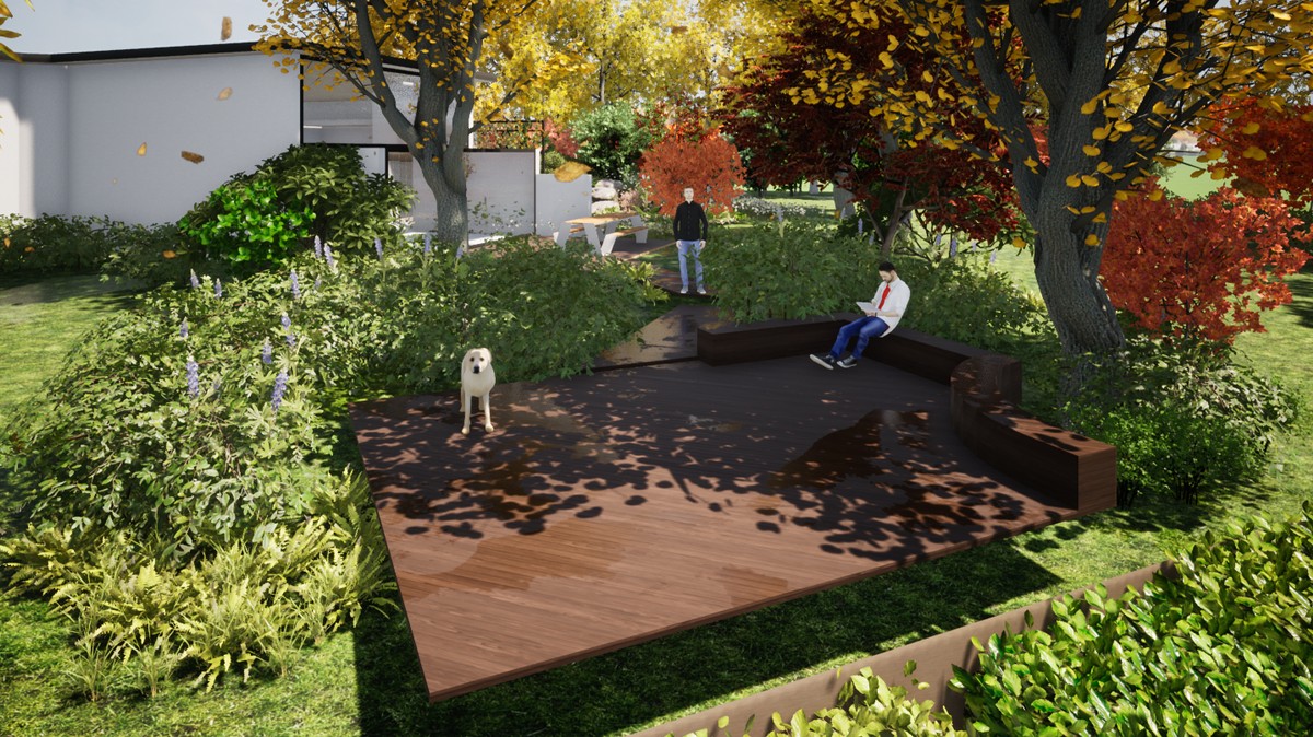 Zwevend vlonderterras met groene onderbeplanting als  uitkijkplatform naar de omliggende vallei - atelier b2