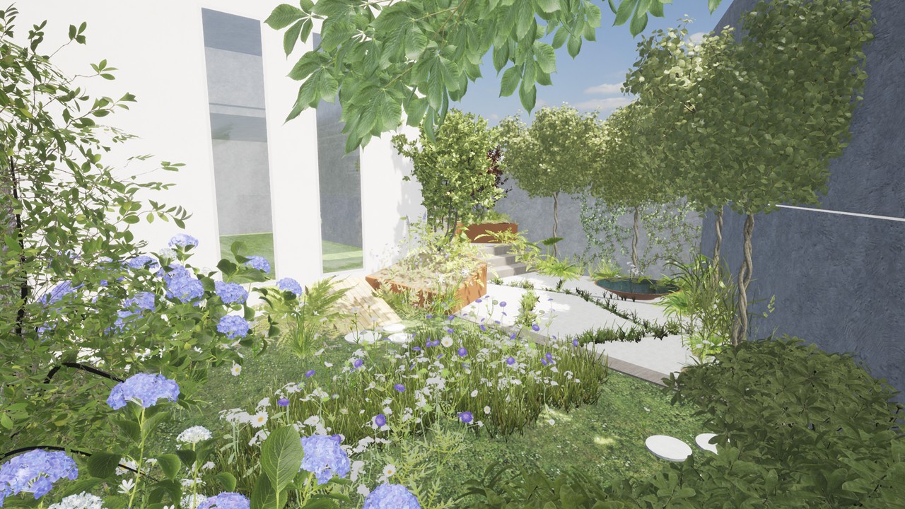 Kleine stadstuin in Mechelen met kleine biodiverse bloemenweide - atelier b2