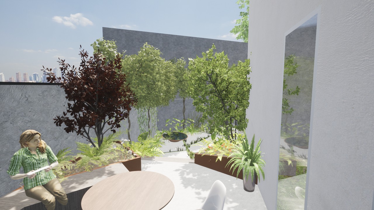 Kleine stadstuin in Mechelen met sfeervol terras en zitbank - atelier b2