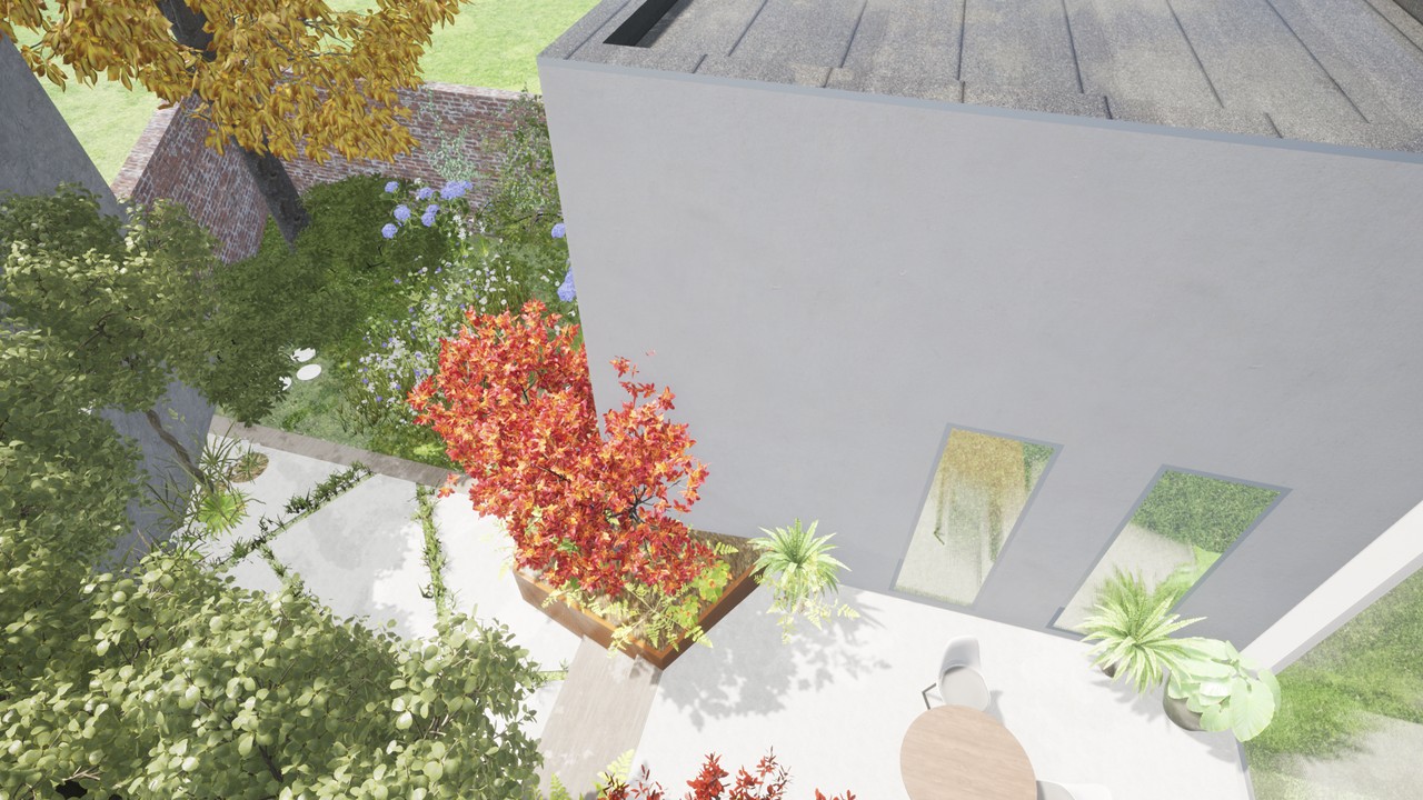 Kleine stadstuin in Mechelen met verhoogde plantbakken op terras - atelier b2